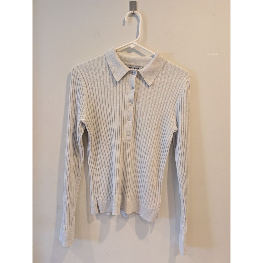 Athleta Womens Ribbed Collar Light Gray Long Sleeve Preppy Academia M layer